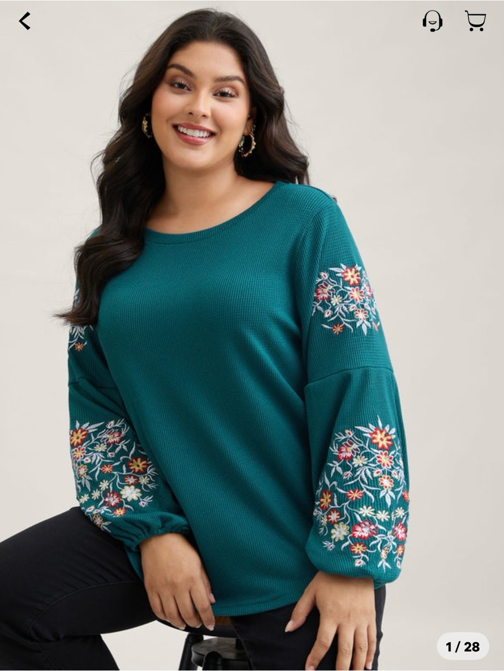 BloomChic Cyan Waffle Knit Embroidered Lantern Sleeve Top - 28/5X